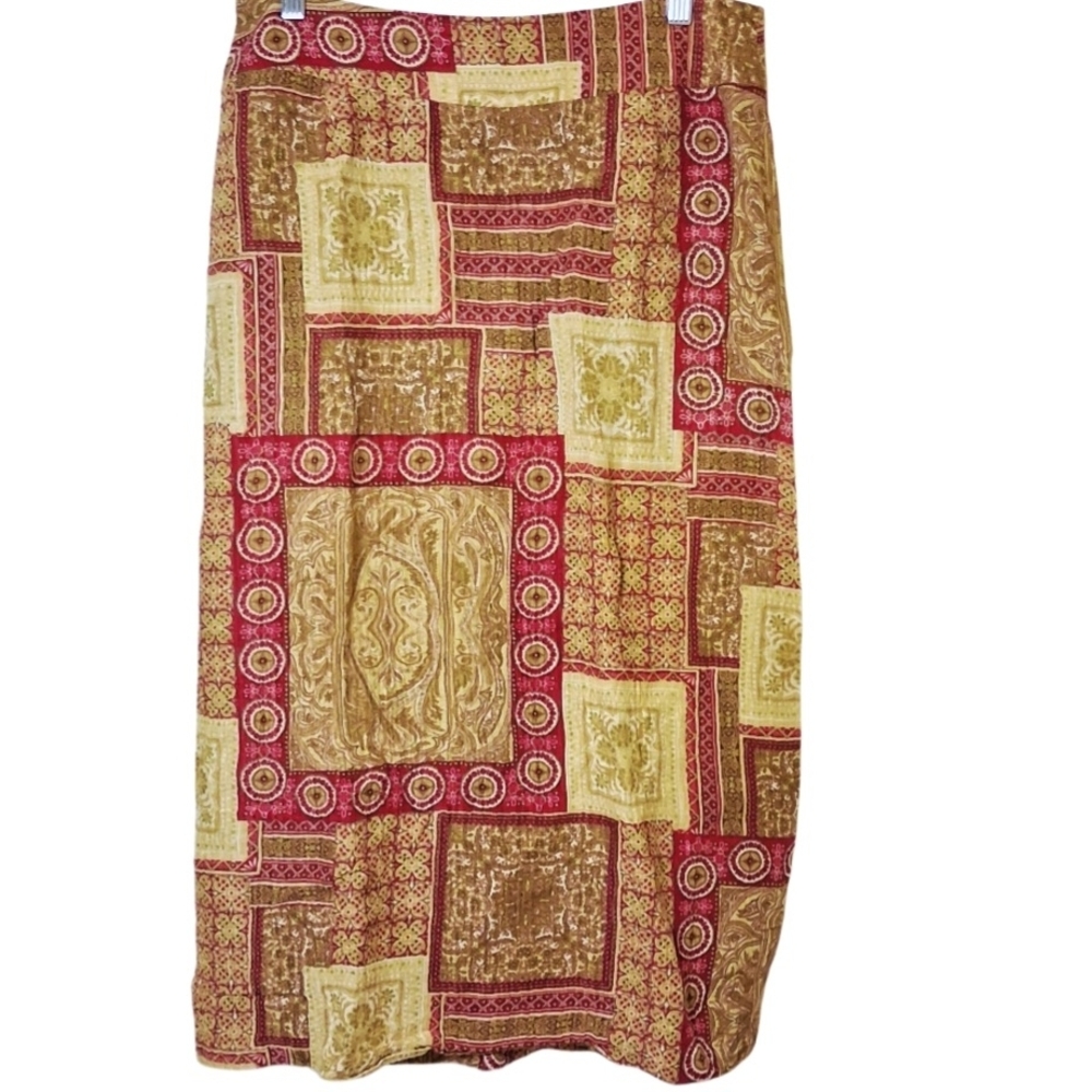 Kate Hill Red and Brown Patchwork Skirt Patterned Size 12 Silk And Linen Blend